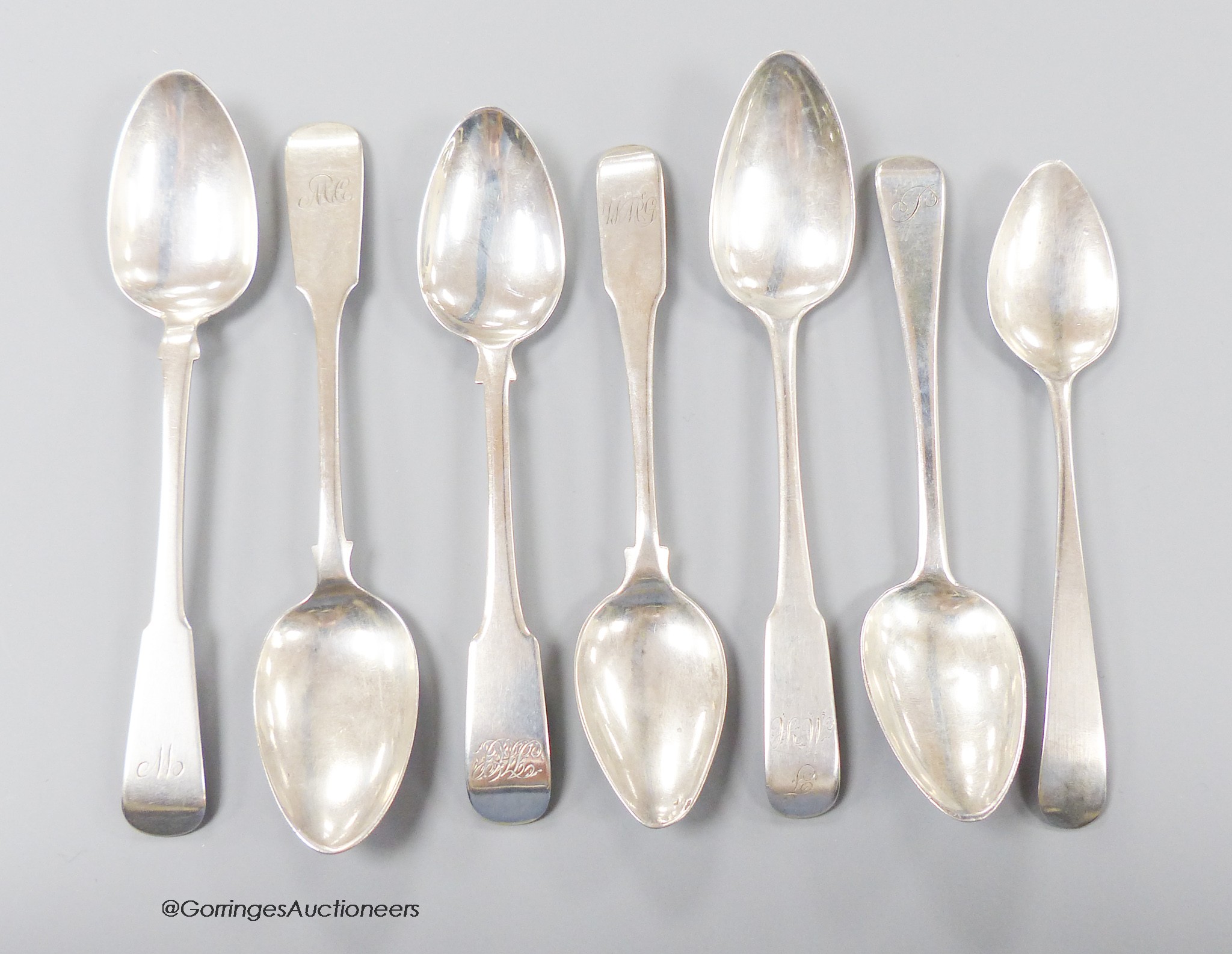 Seven 19th century Scottish provincial silver teaspoons, Old English or fiddle patterns, all Dumfries, David Gray(4), Joseph Pearson(2) and Mark Hinchcliffe, longest 14cm, 3oz.